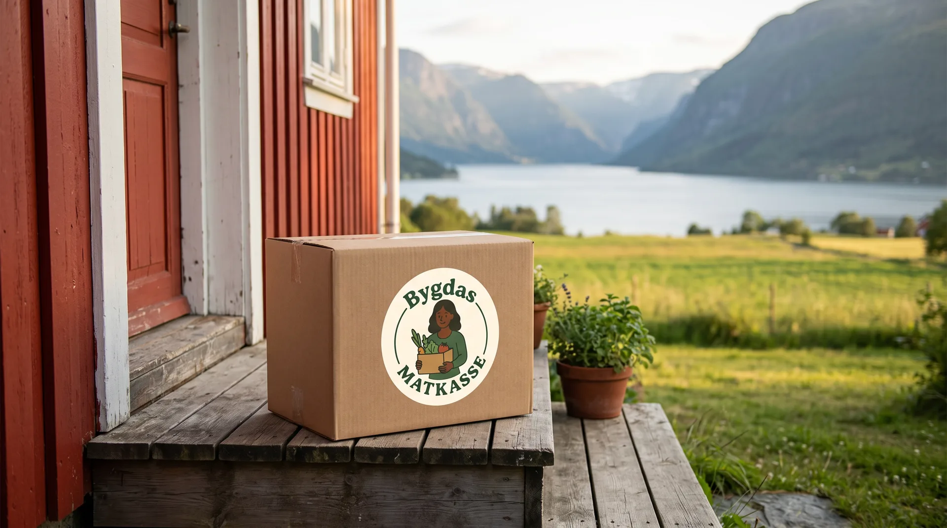 Bygdas Matkasse levert på trappa, med fjorden i bakgrunnen